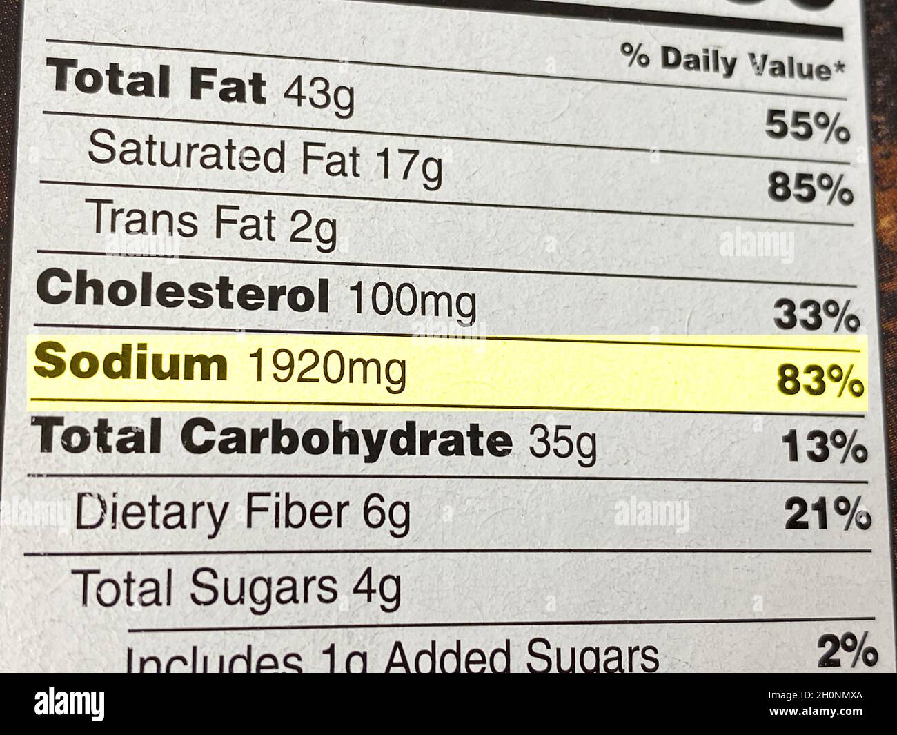 High sodium content highlighted on a nutrition label. The FDA wants food manufacturers to cut back on sodium as Americans are eating too much salt. Stock Photo