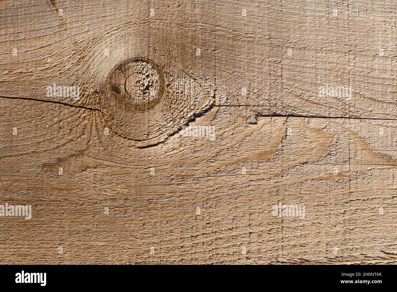 The surface of a rough untreated board with knots and cracks. Texture, background. Stock Photo