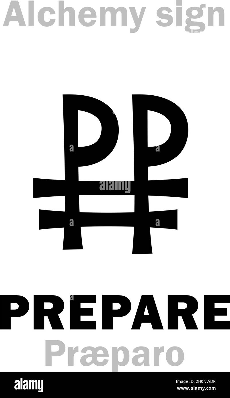 Alchemy Alphabet: PREPARE (Præparo, Preparation) — alchemical process, alchemical prescript (Recipe), abbreviated: PP. Pharmaceutical symbol. Stock Vector