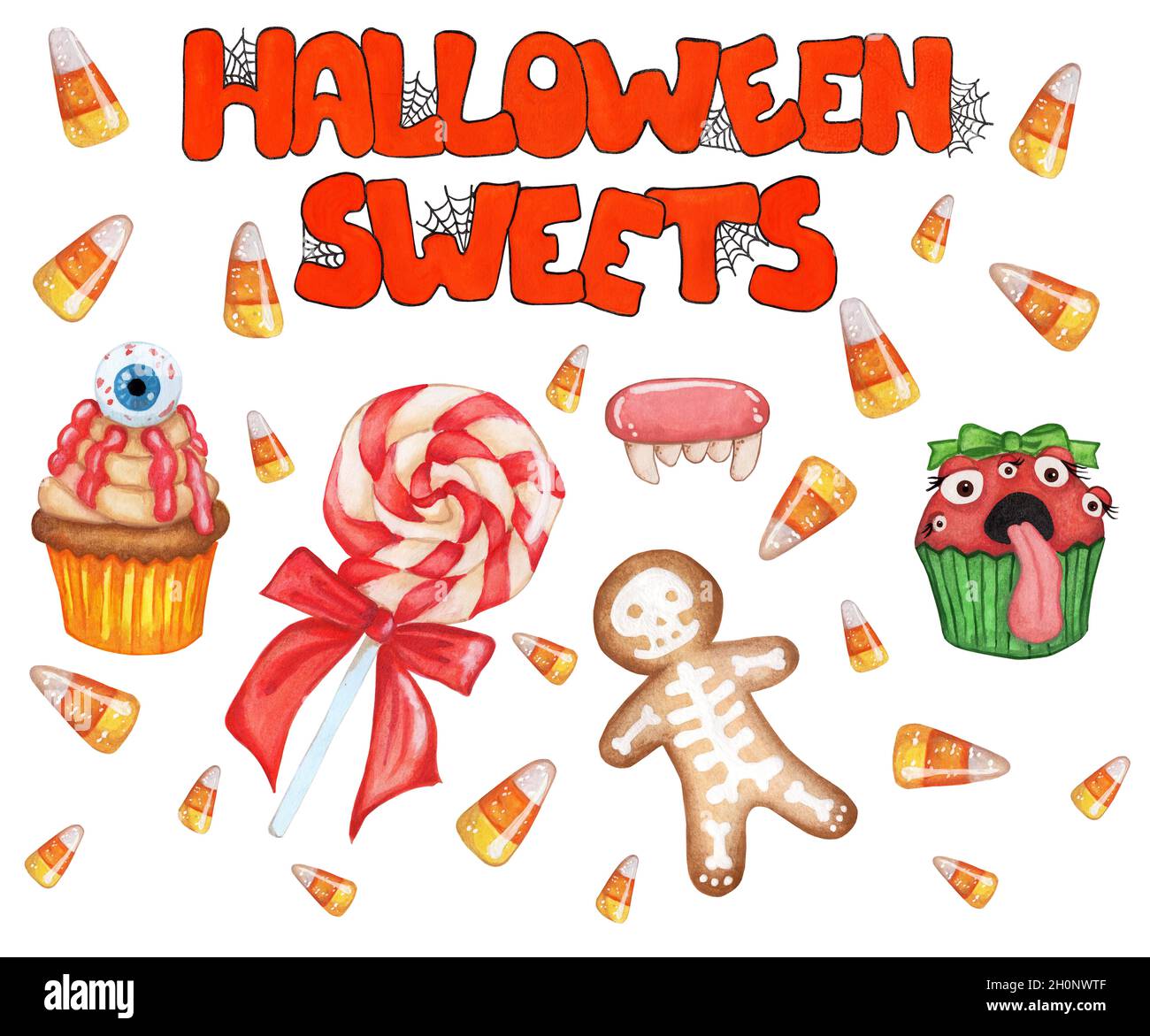 A large set of sweets and text. Lollipop, cupcake with eyes, caramels ...