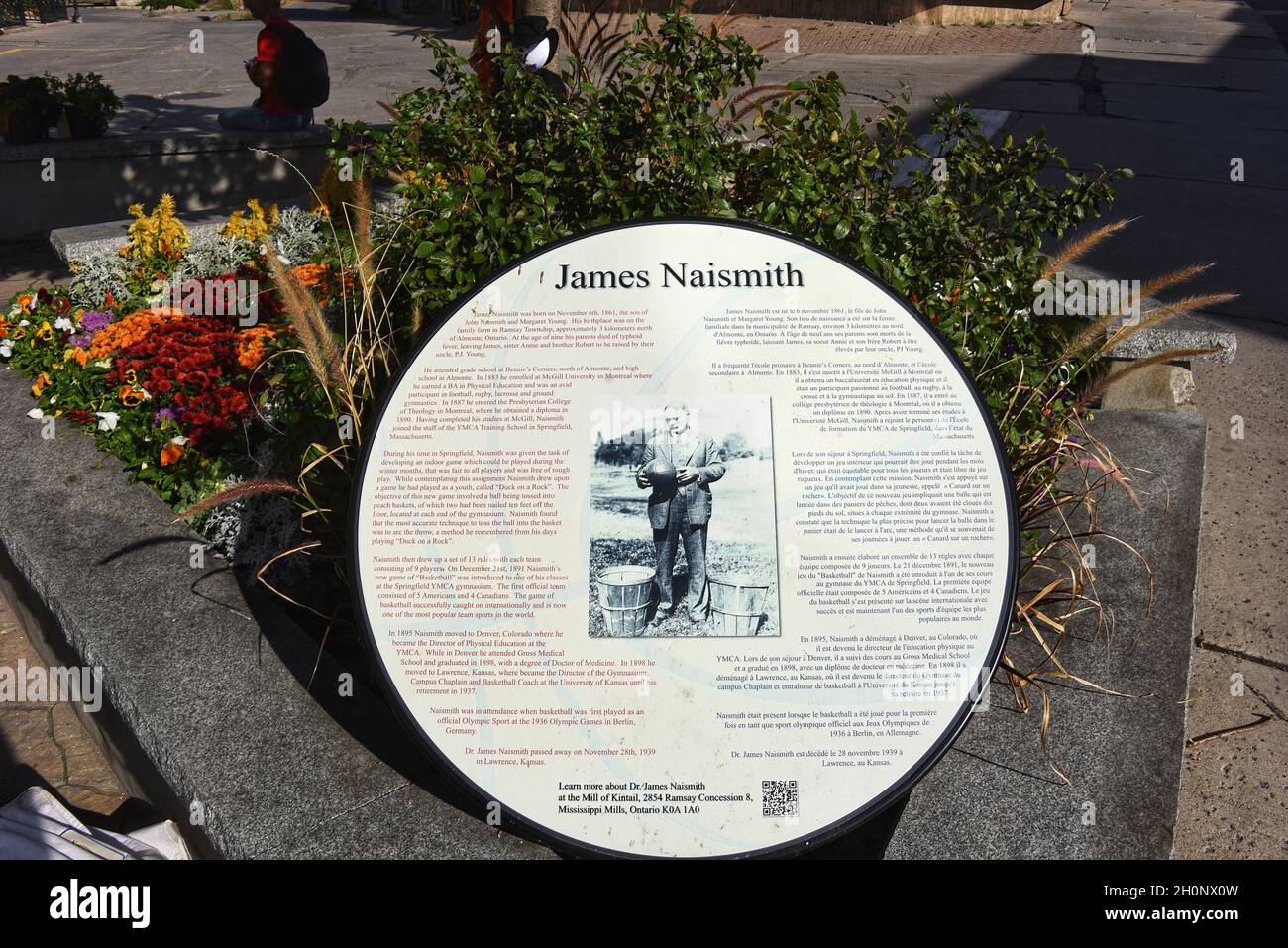 Almonte, Canada - October 1, 2021: Sign detailing the story of how James Naismith invented basketball on display in his hometown of Almonte, Canada, a Stock Photo