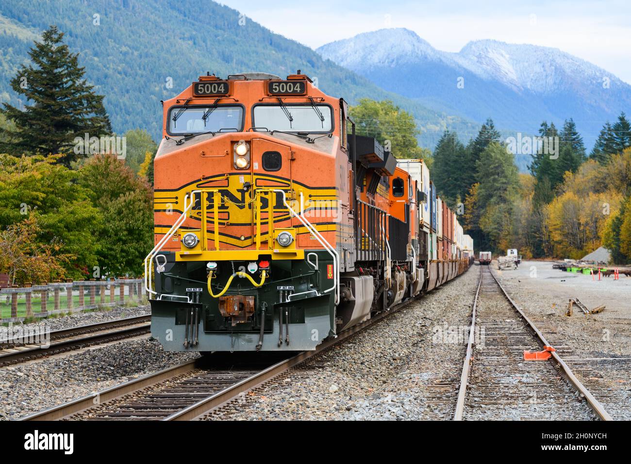 Skykomish, WA, USA October 12, 2021; A BNSF freight train at