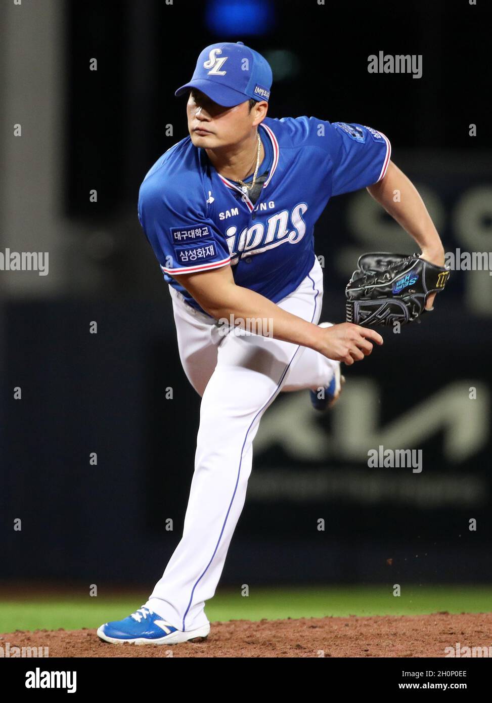 14th Oct 21 Samsung Lions Oh Seung Hwan Oh Seung Hwan Of Samsung Lions Throws A Pitch Against The Kia Tigers During A Korea Baseball Organization Match Held At Gwangju Kia Champions Field In Gwangju