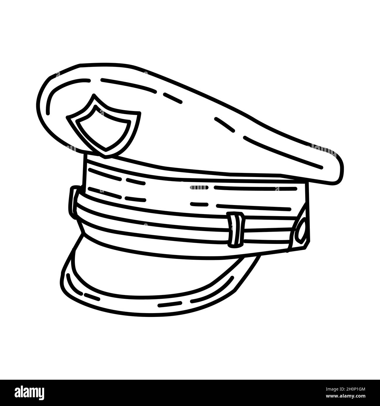 Police Officer Cap Part of Police Equipment and Accessories Hand Drawn Icon Set Vector. Stock Vector