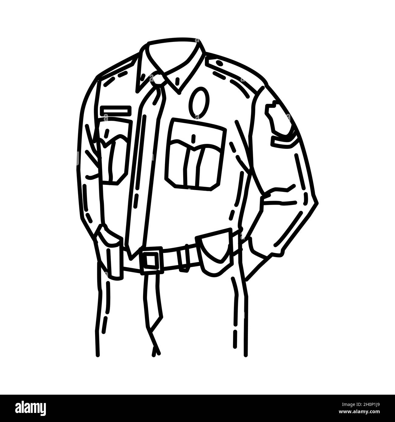 Police Officer Uniform Part of Police Equipment and Accessories Hand Drawn Icon Set Vector. Stock Vector