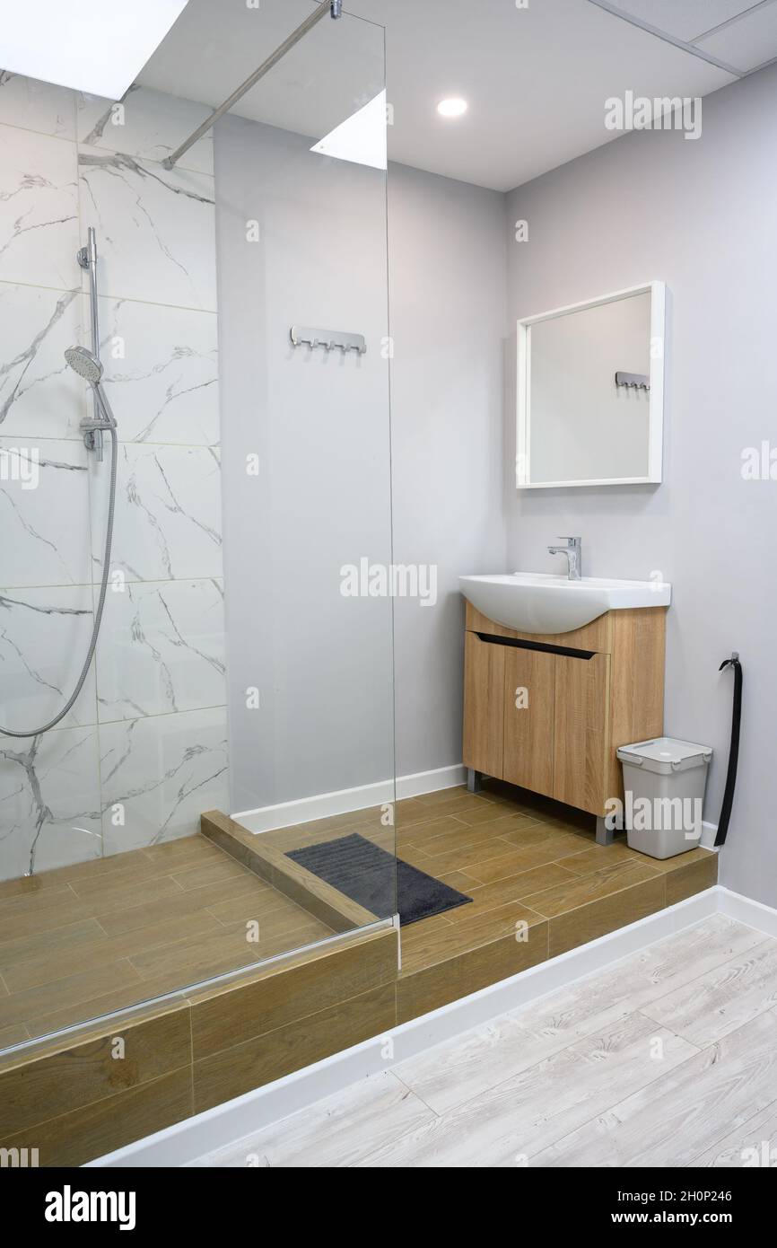 Beauty salon interior, clean modern room with shower in spa or wellness center. Inside bright cosmetology office. Concept of cosmetic service, shop, r Stock Photo