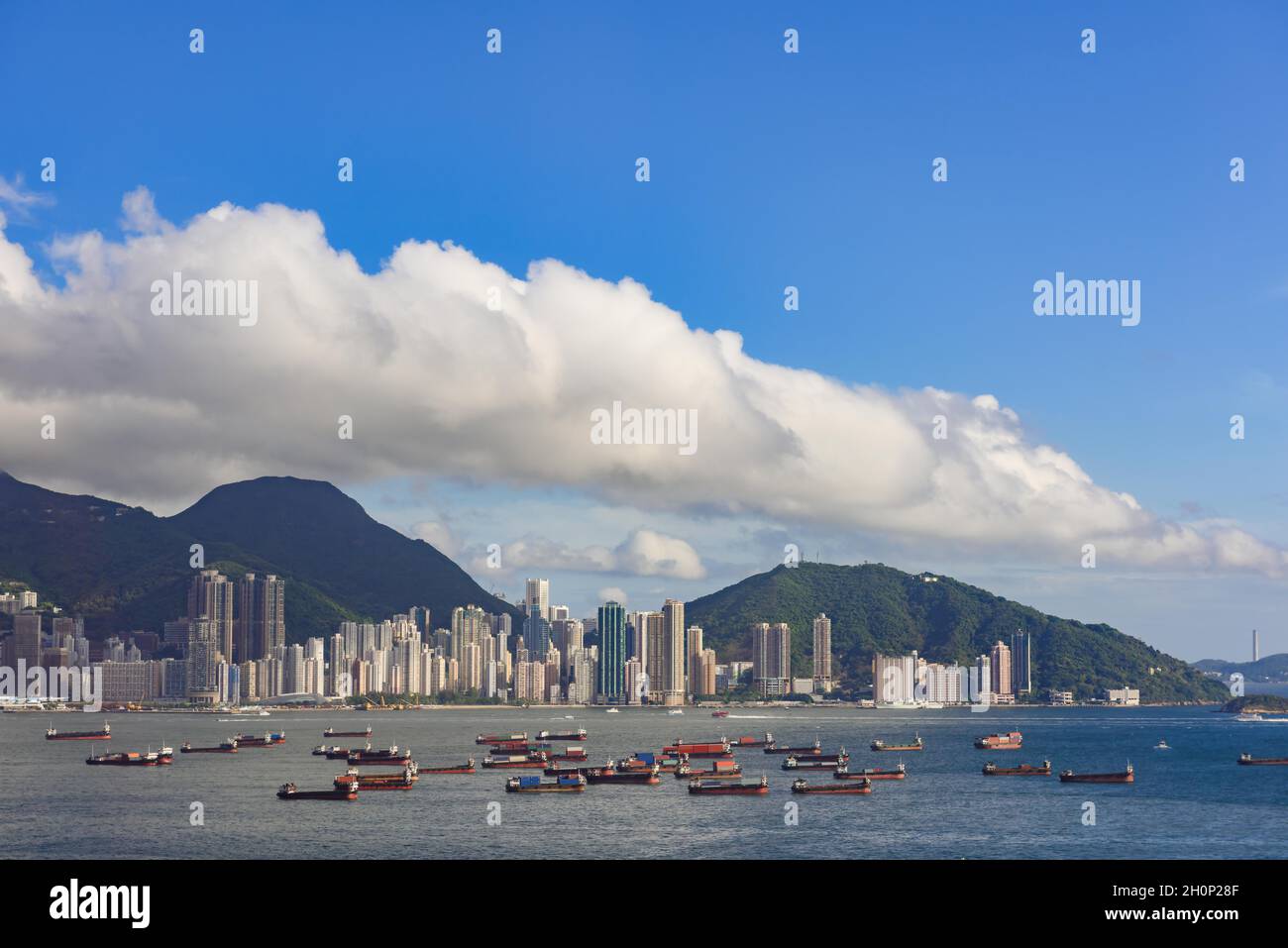 Panorama of Hong Kong modern skyline of skyscrapers with blue sky Stock ...