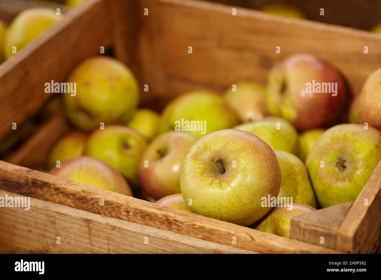 Crates of recently harvested apples at a farm market in Amish Country, Lancaster County, Pennsylvania, USA Stock Photo