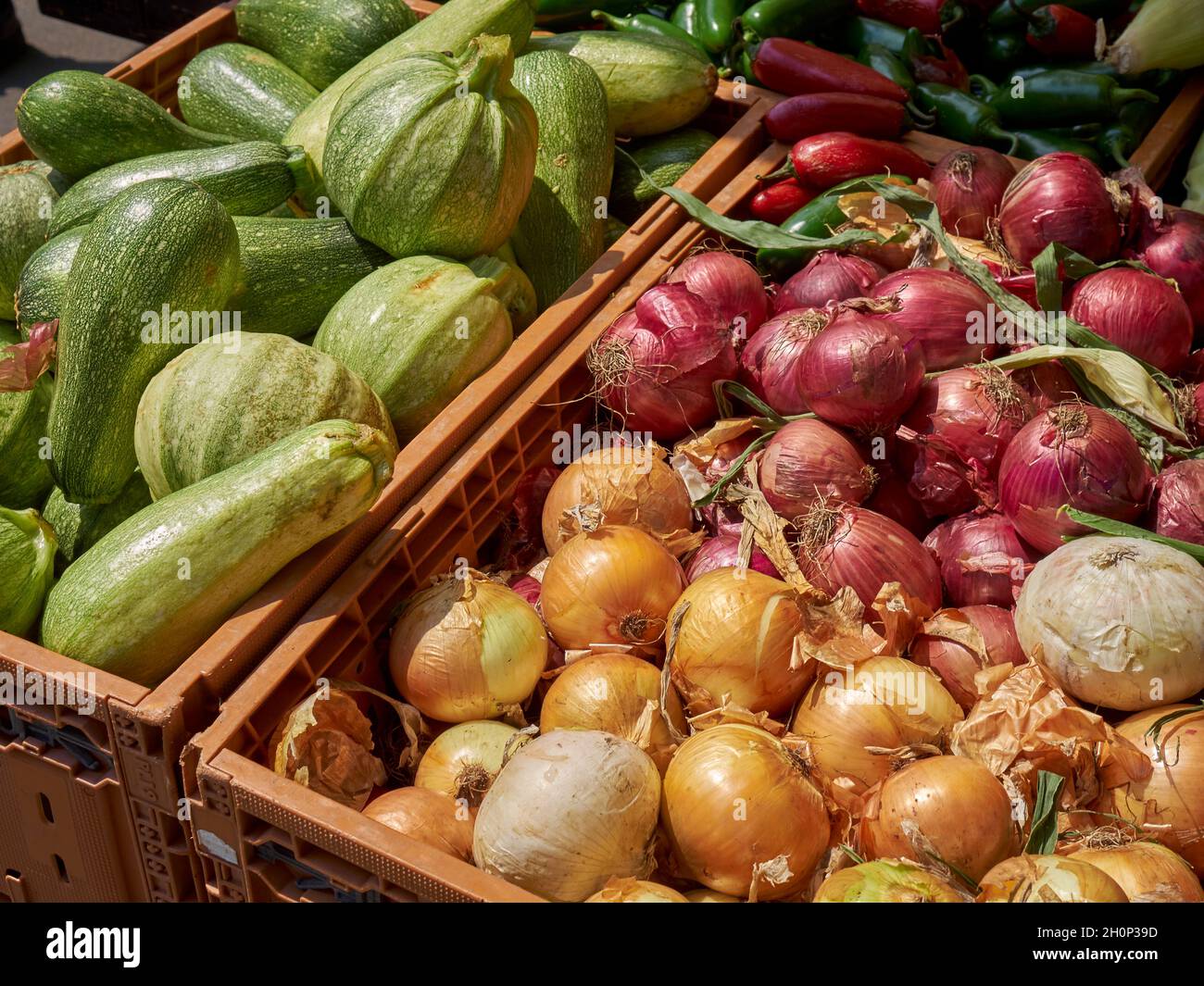Vegetables on display at the Corona Farmers Market, Queens, New York City, NY, USA Stock Photo