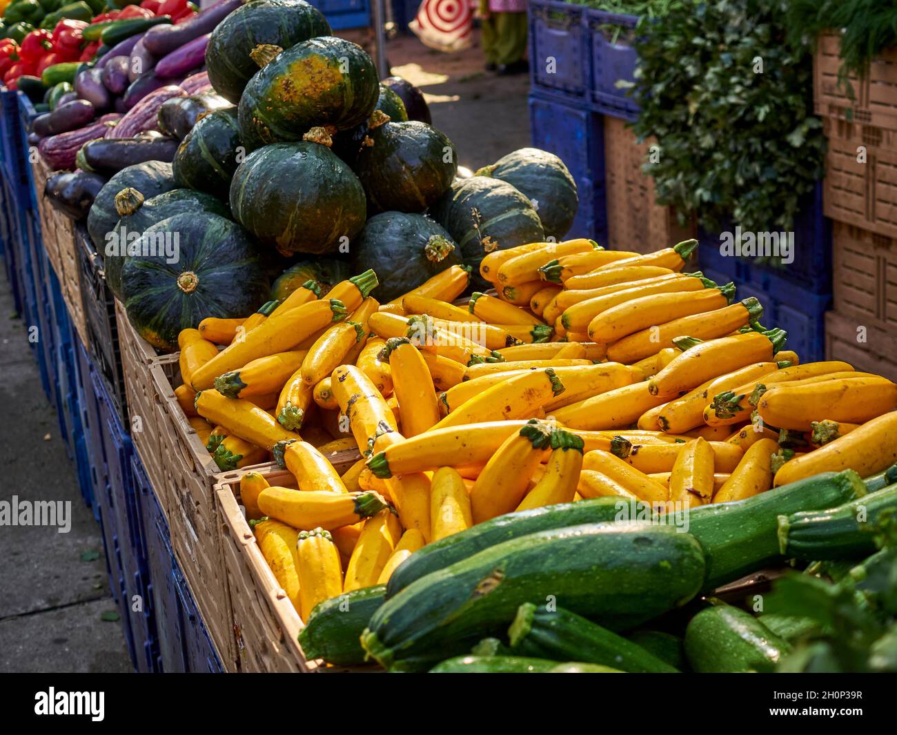 Summer vegetables on display at the farmers market in Elmhurst, Queens County, New York City, NY, USA Stock Photo