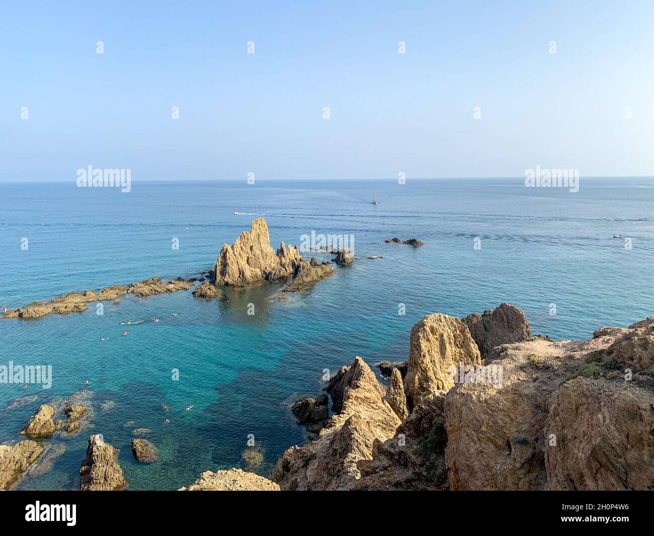 This reef that can be seen from the viewpoint of the sirens, next to the Cabo de Gata lighthouse, is one of the most emblematic and photographed views Stock Photo