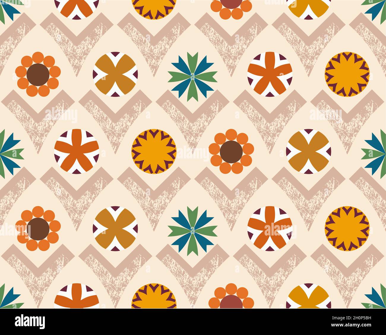 Neutral earthy grounded warm hues geometric flowers in various circular and v shapes. Vector pattern for backgrounds, digital realm, printed items. Stock Vector