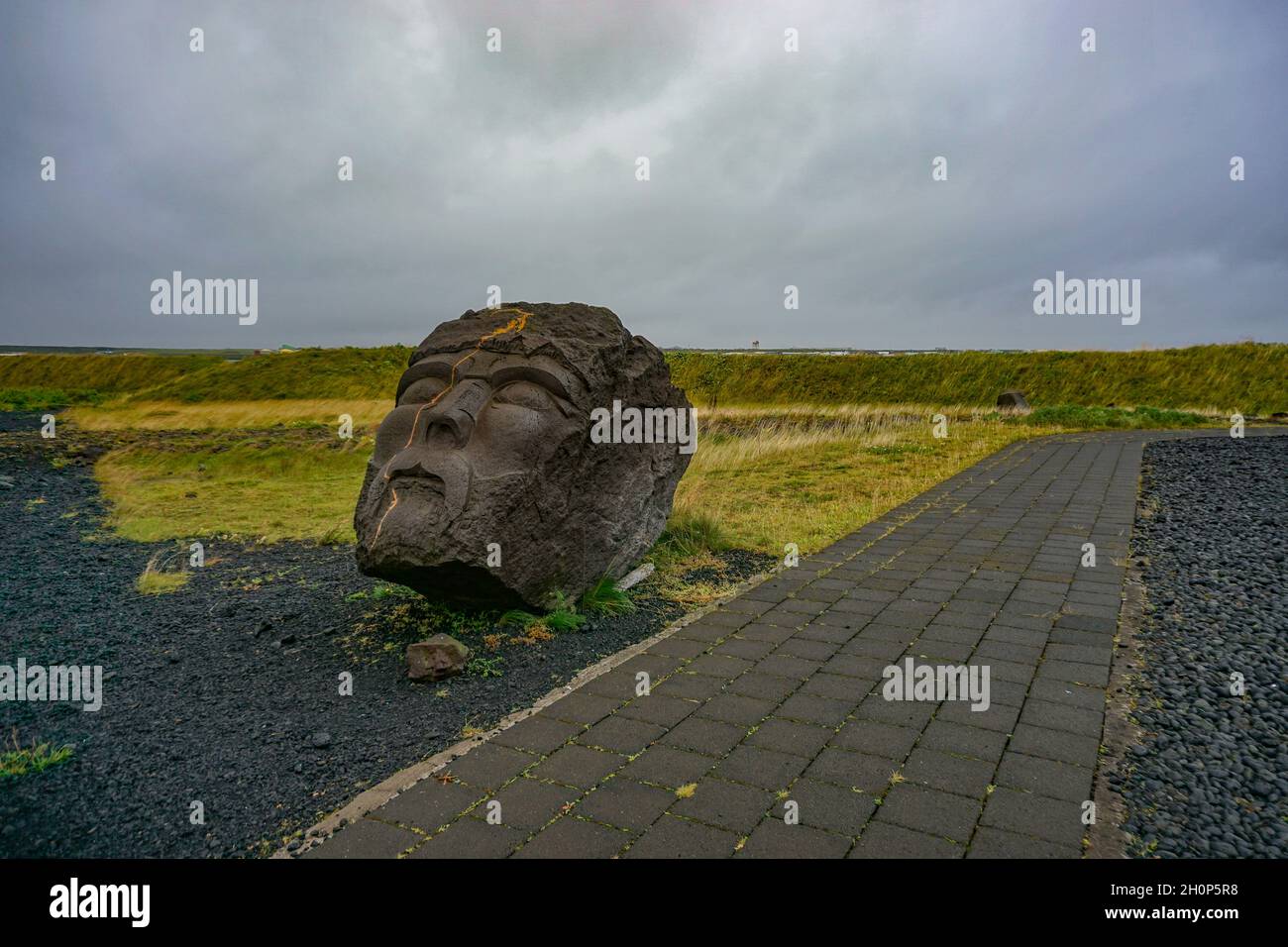 Njardvik, Iceland Giant head of Viking sculpture on the grounds of the