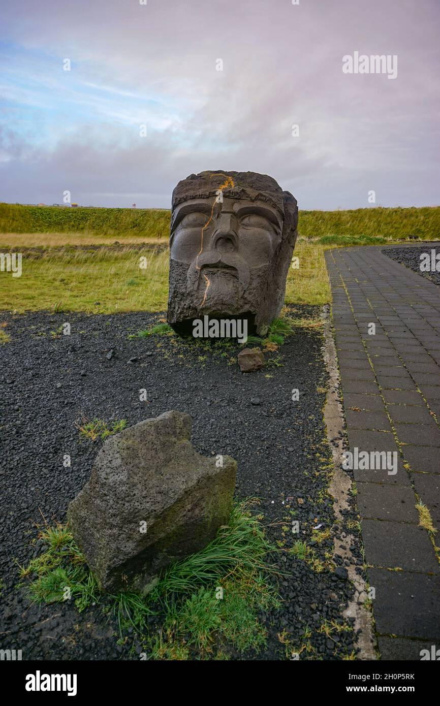 Njardvik, Iceland: Giant head of Viking sculpture on the grounds of the Viking World Museum (Víkingaheimar). Stock Photo