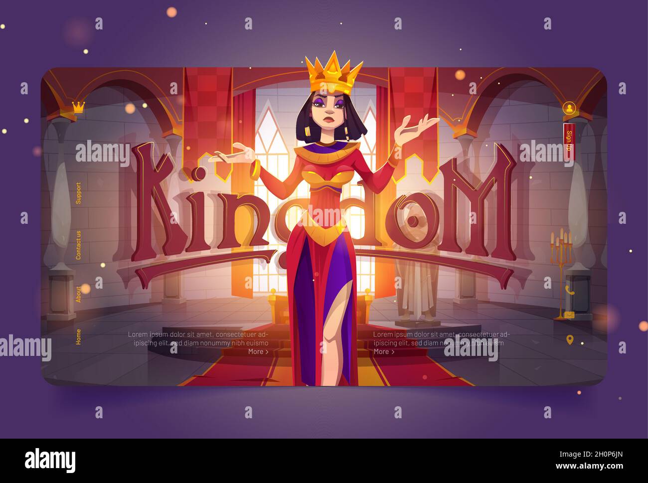 Kingdom banner with queen in medieval castle. Vector landing page with  cartoon illustration of beautiful proud, image size:1300x969
