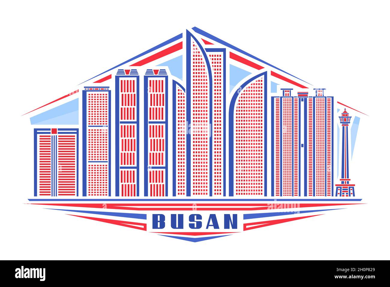 Vector illustration of Busan, horizontal poster with linear design famous busan city scape on day sky background, asian urban line art concept with de Stock Vector