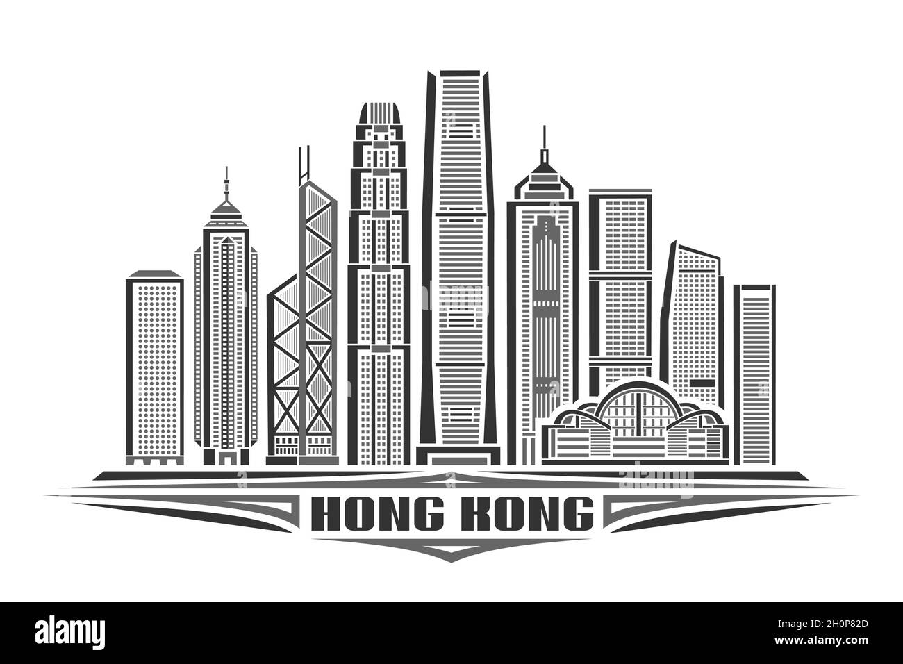 Vector illustration of Hong Kong, monochrome horizontal poster with linear design famous hongkong city scape, urban line art concept with decorative l Stock Vector