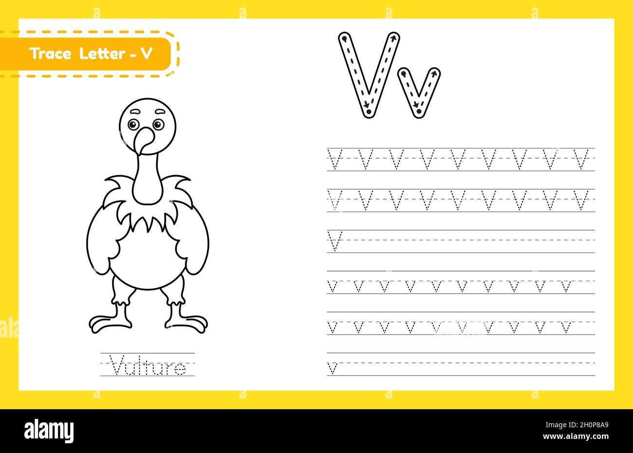 Trace letter V uppercase and lowercase. Alphabet tracing practice