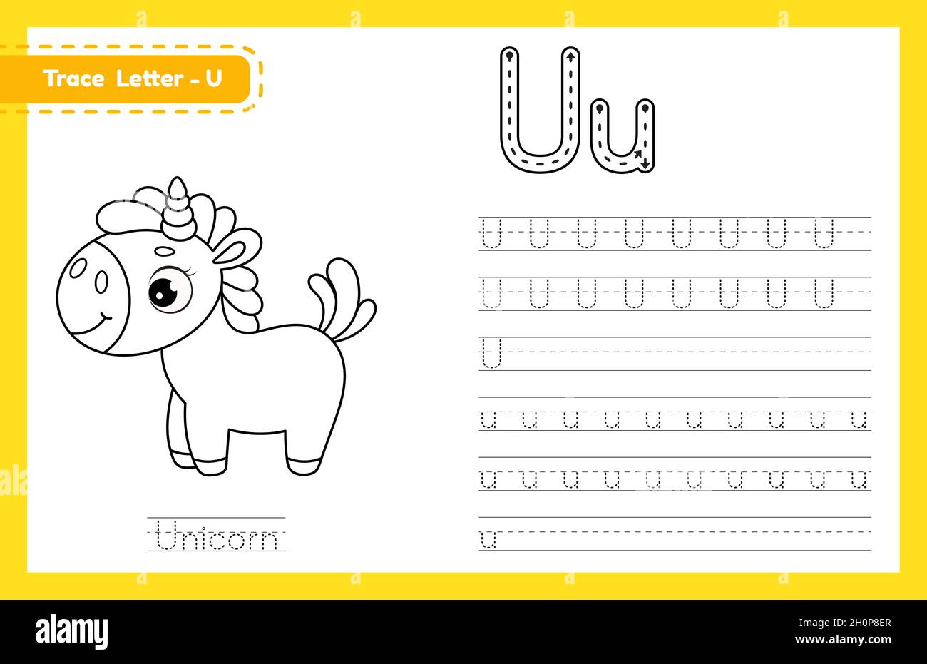 trace letter u uppercase and lowercase alphabet tracing practice preschool worksheet for kids learning english with cute cartoon animal coloring boo stock vector image art alamy