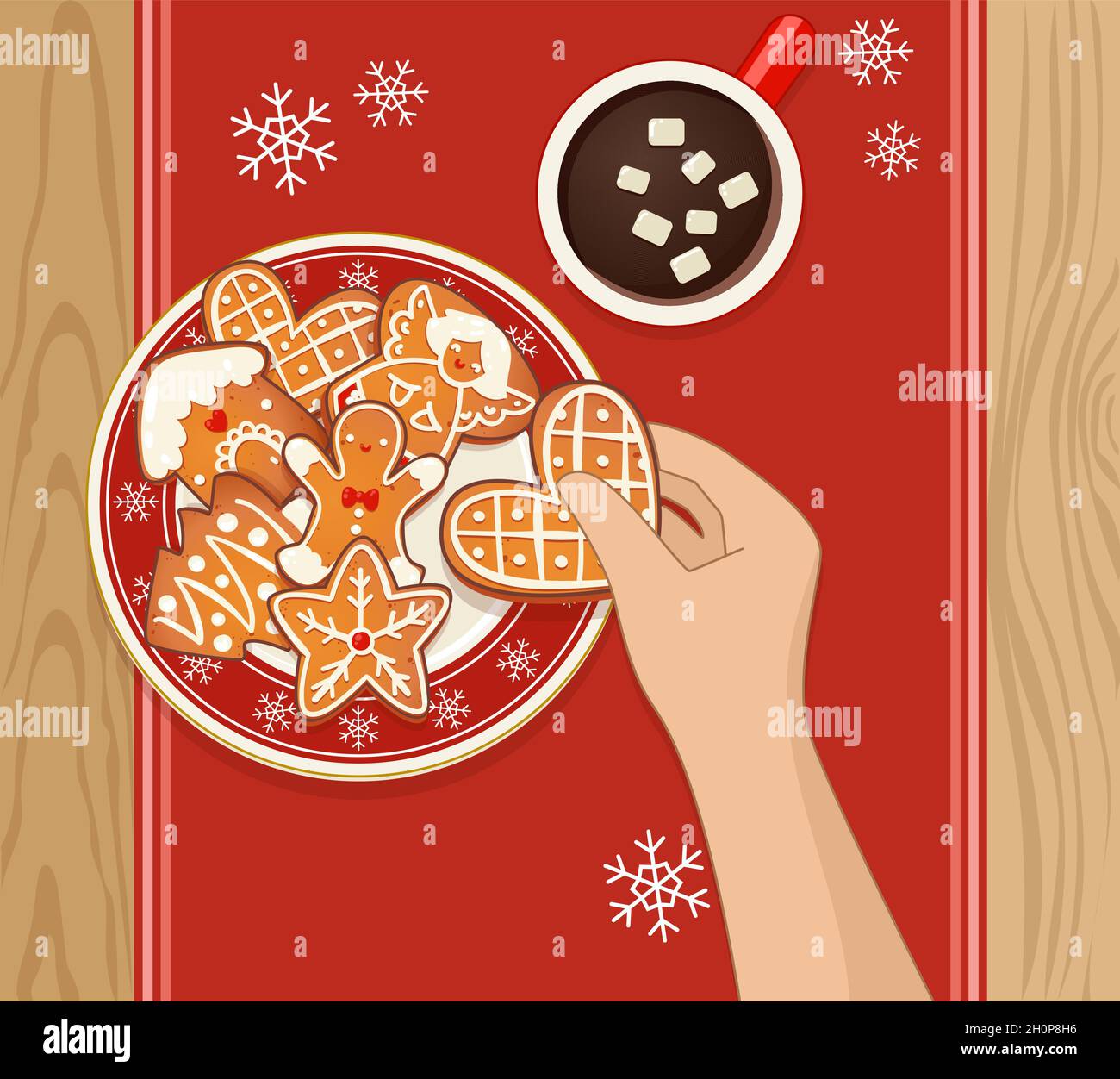 Gingerbread Christmas cookies on red plate with snowflakes and hot cocoa. Human hand holding one cookie. Top view vector illustration for new year and winter holiday design. Stock Vector