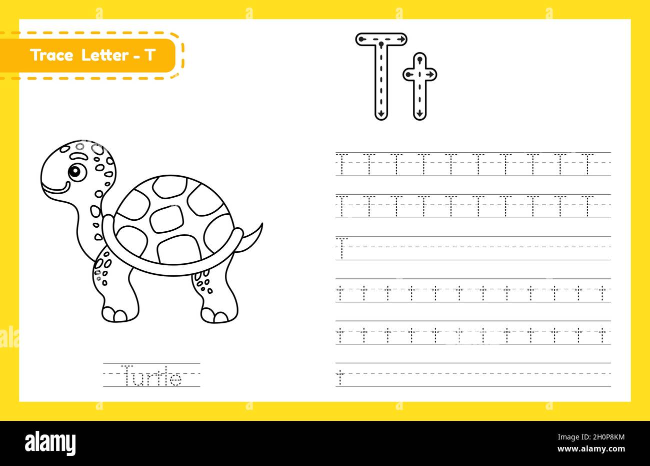 trace letter t uppercase and lowercase alphabet tracing practice preschool worksheet for kids learning english with cute cartoon animal coloring boo stock vector image art alamy