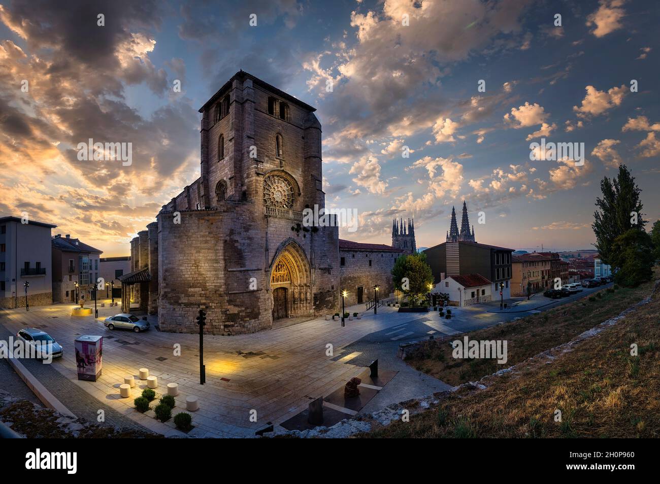 Panoramic view at dawn of the Church of San Esteban in the city of Burgos. Stock Photo