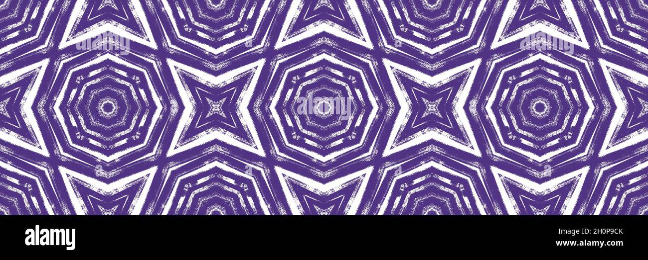 Ethnic hand painted seamless border. Purple symmetrical kaleidoscope background. vibrant decorative design element for background. Summer dress ethnic Stock Photo
