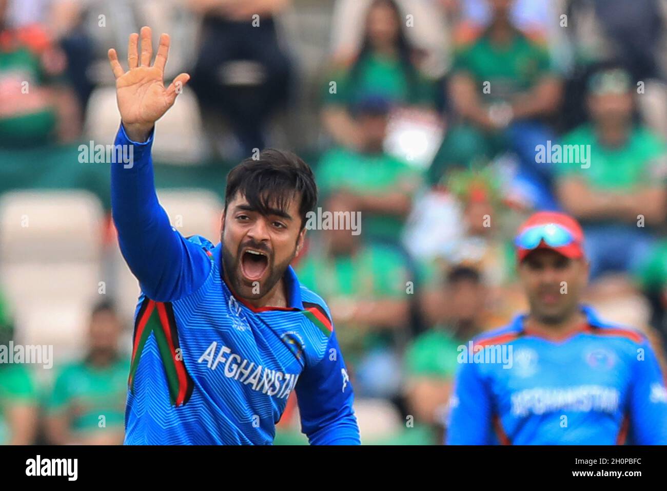 Afghanistan cricket player Rashid Khan in action during the 31st match ICC  (International Cricket Council) Cricket World Cup 2019 between Bangladesh  and Afghanistan at Southampton.(Bangladesh won by 62 runs) (Photo by Md