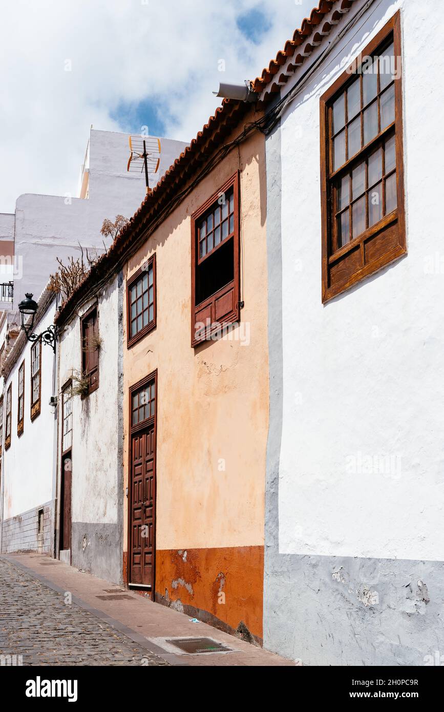 Traditional colonial architecture of Canary islands with colorful houses in the capital of La Palma, Santa Cruz de la Palma. San Telmo Street in the q Stock Photo