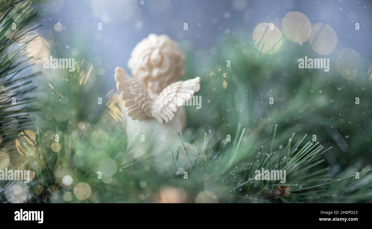 back view of angel praying on christmas tree background Stock Photo