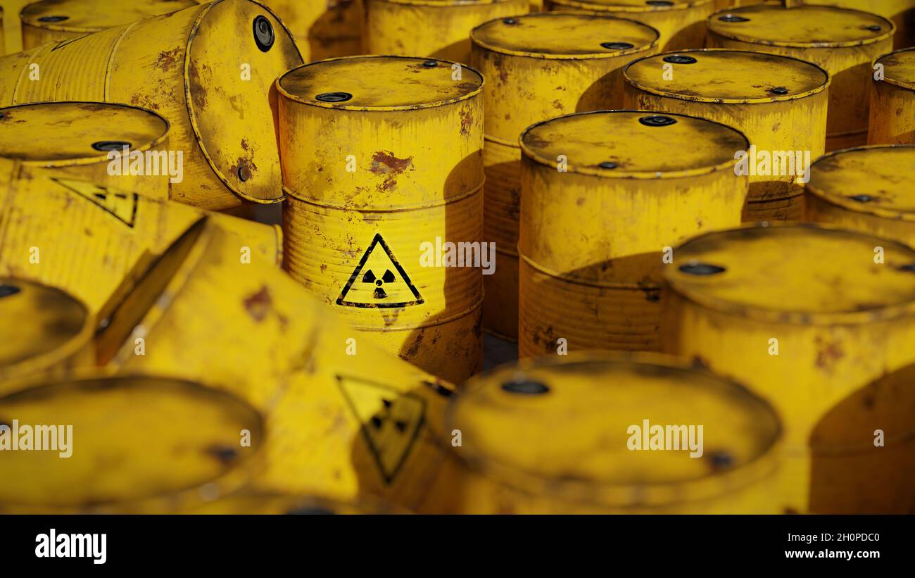 many barrels with radioactive waste Stock Photo