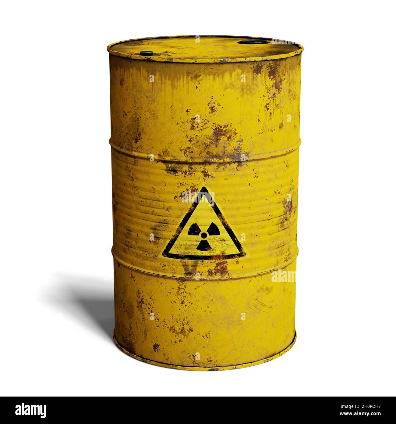 radioactive waste in rusty barrel, isolated with shadow on white background Stock Photo
