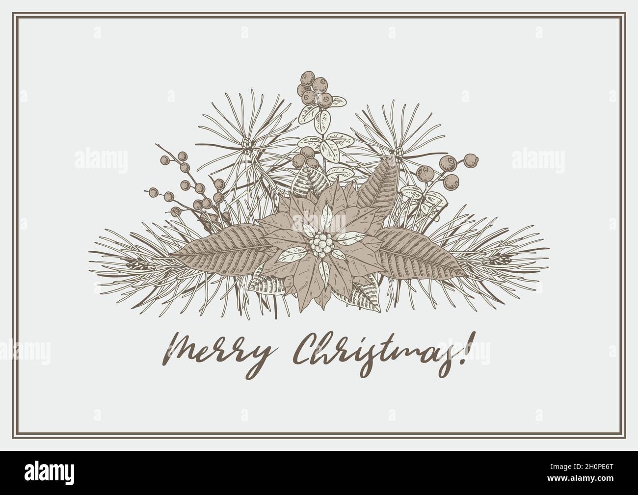 Hand drawn horizontal Merry Christmas and Happy New Year greeting card with poinsettia bouquet. Vintage vector illustration Stock Vector