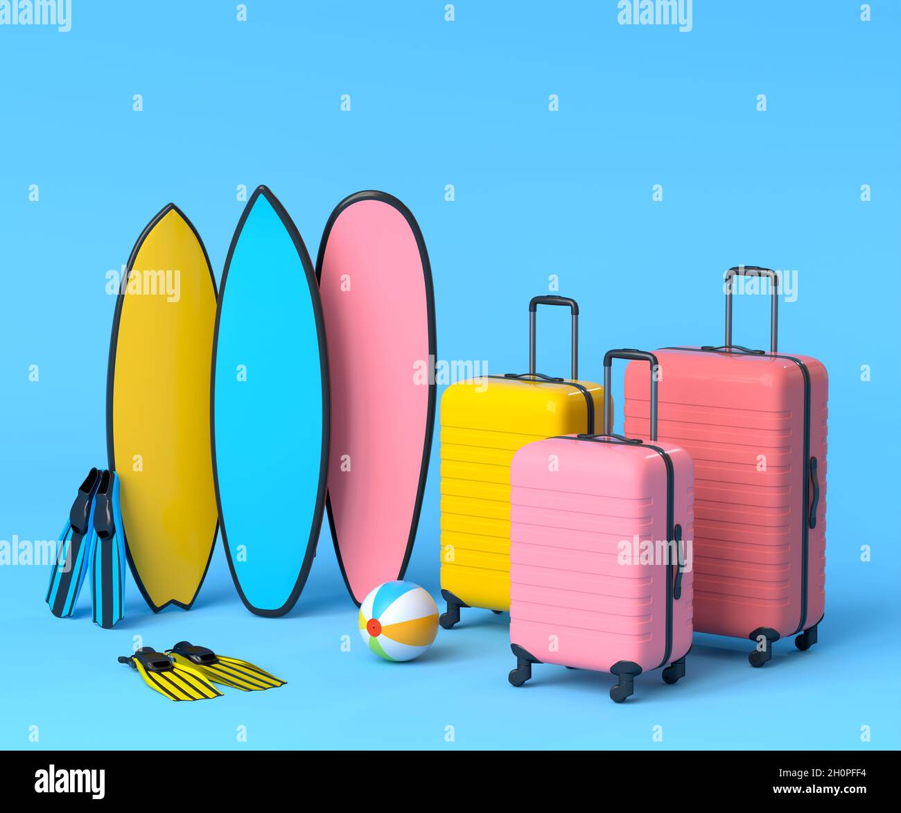 Suitcase with beach ball and surf board on blue background. Stock Photo