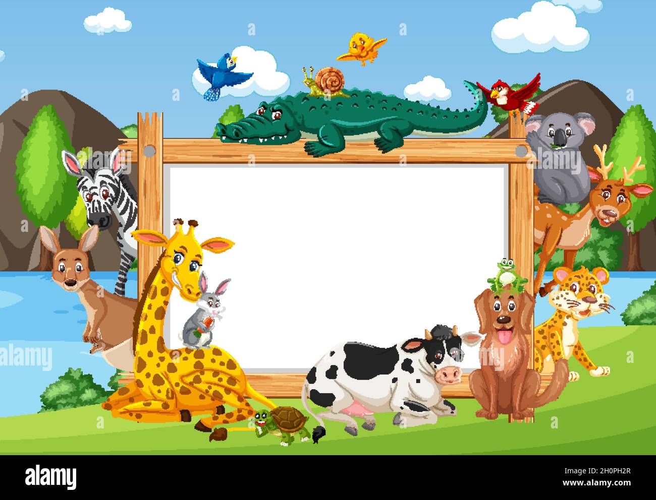 Empty wooden frame with various wild animals in the forest illustration ...