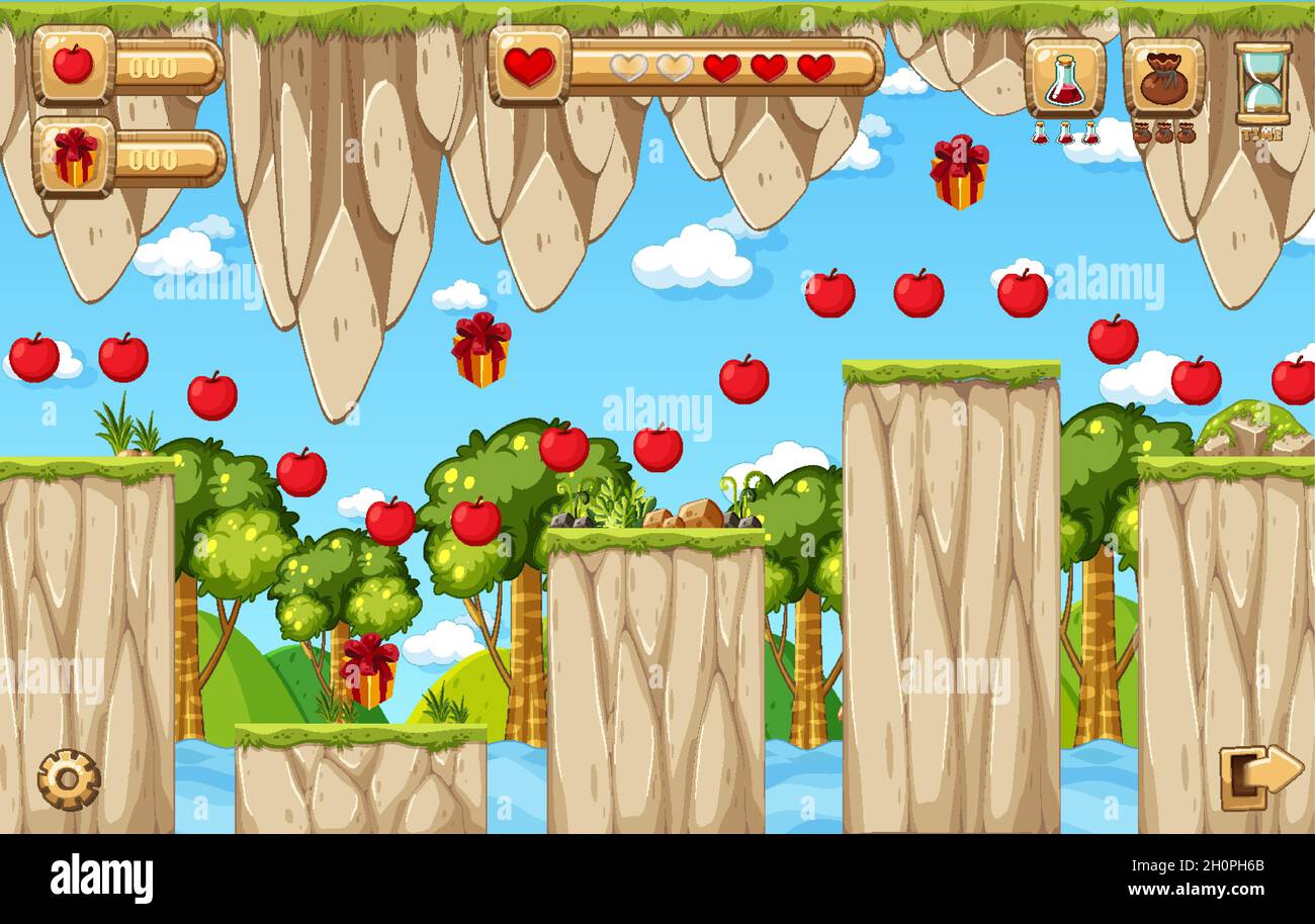 Collecting Apples Platformer Game Template illustration Stock Vector