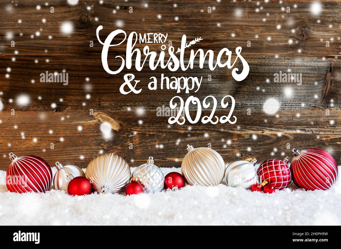 Christmas Ball Ornament, Snow, Merry Christmas And A Happy 2022, Snowflakes Stock Photo