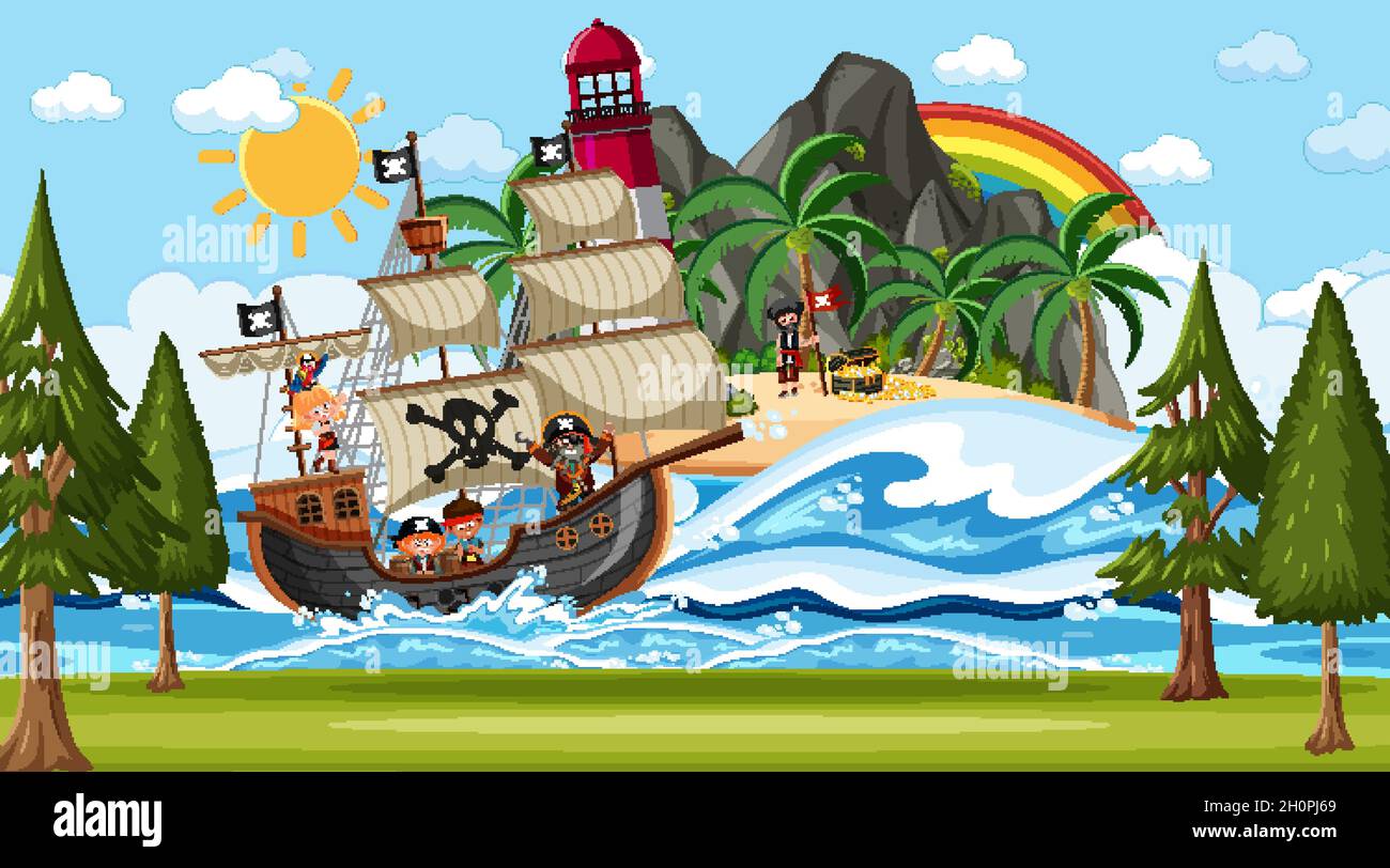 Beach with Pirate ship at daytime scene in cartoon style illustration ...