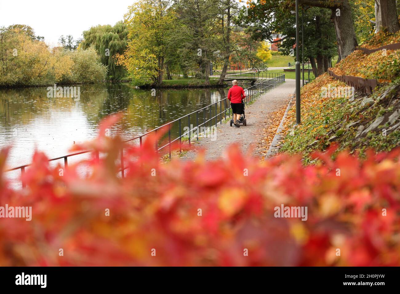 Nice autumn colors and along the Stångån / Kinda canal in the city of Linköping, Sweden. Stock Photo