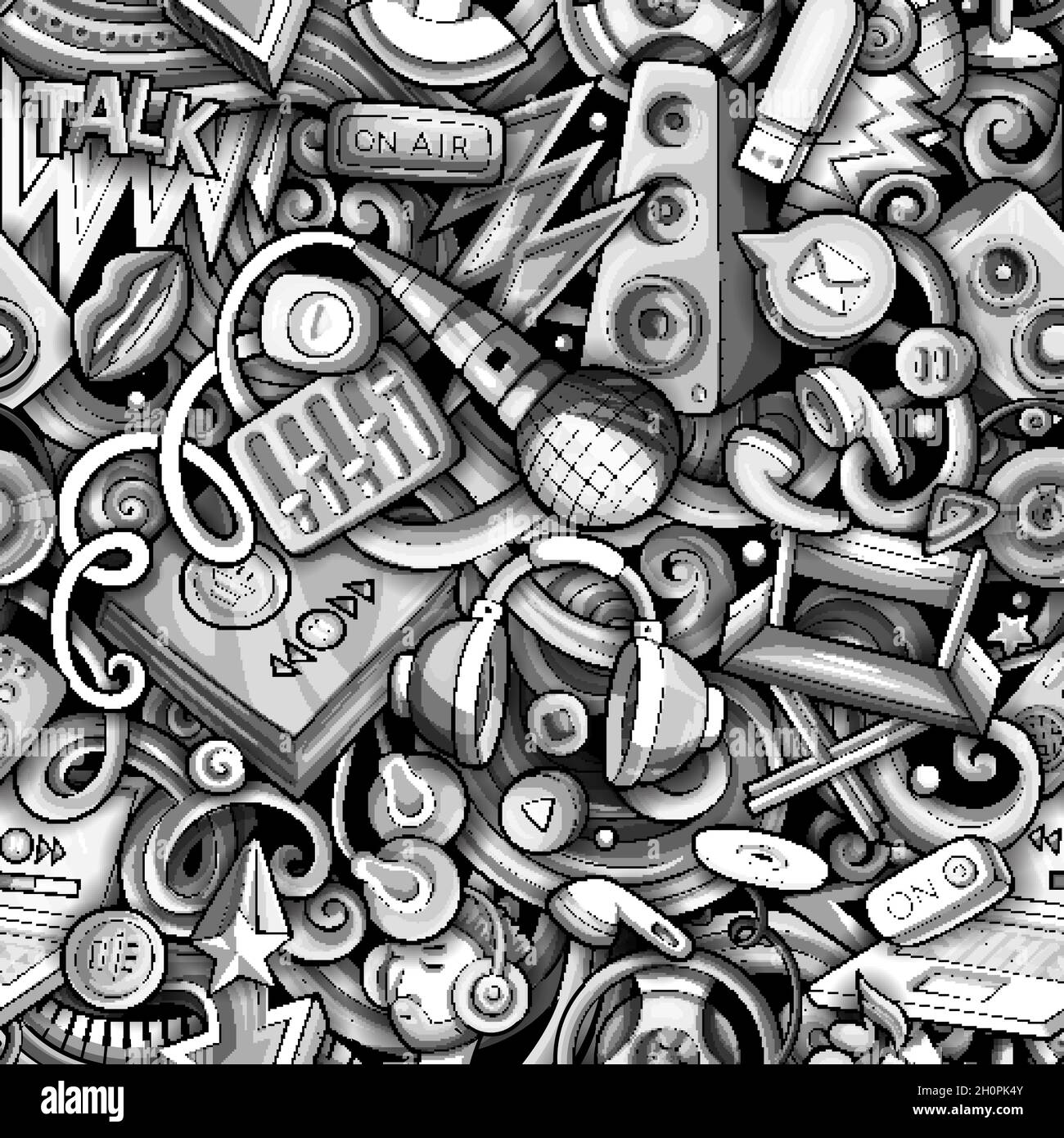 Cartoon doodles Audio content seamless pattern. Stock Vector