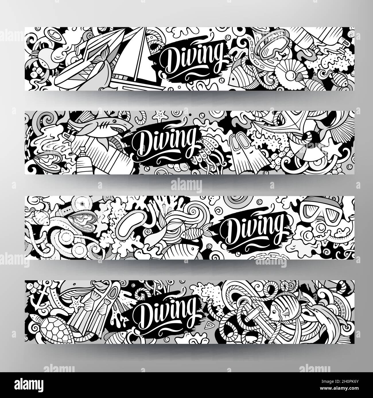 Cartoon cute doodles Diving horizontal banners set Stock Vector