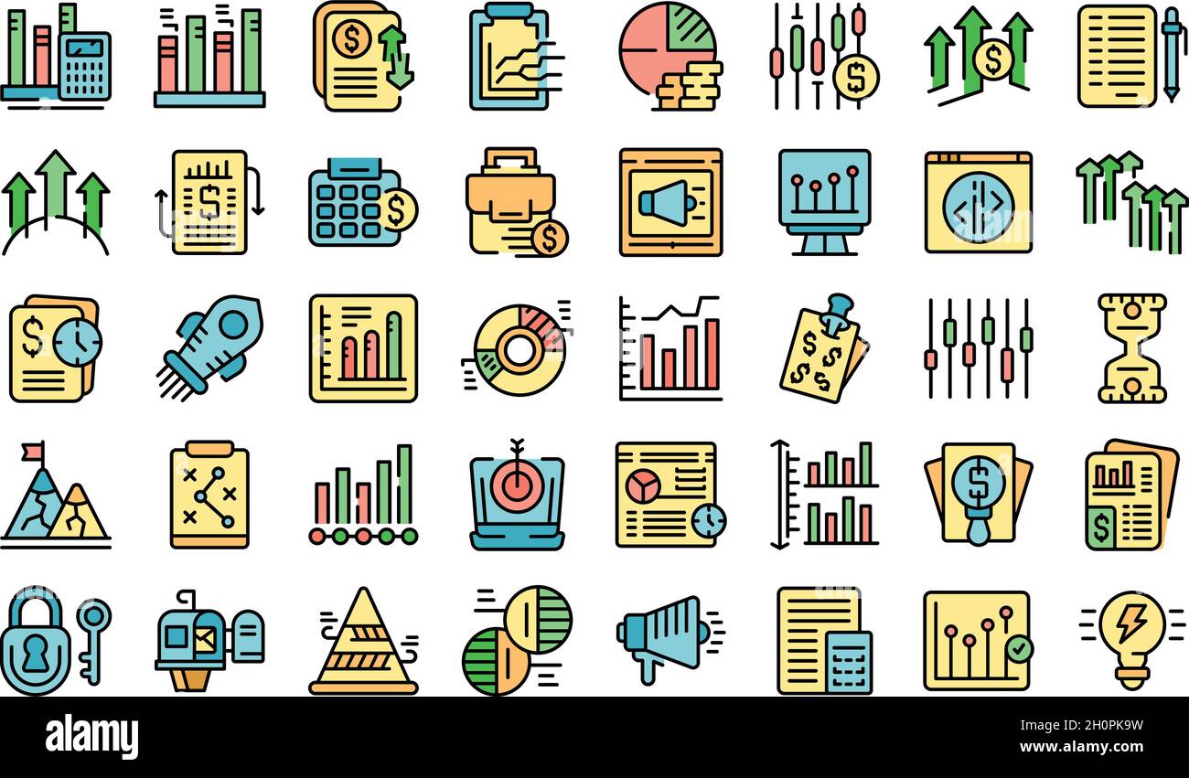 Business trend icons set outline vector. Web site. Analysis target Stock Vector