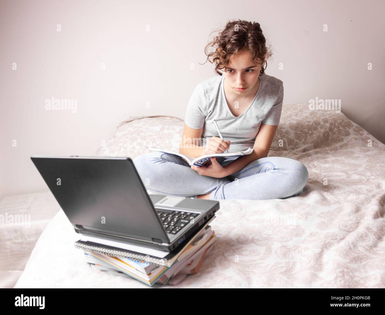 Teenager girl studying online at home. School girl with the lap top on
