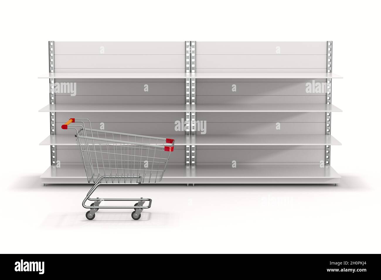 Empty store shelves and shopping cart on white background. Isolated 3D