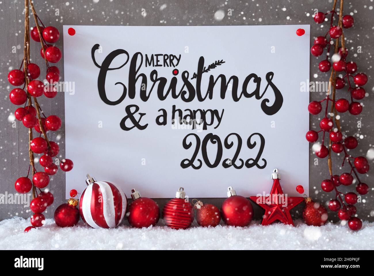 Christmas 2022 Signs Red Decoration, Sign, Snow, Snowflakes, Merry Christmas And Happy 2022  Stock Photo - Alamy