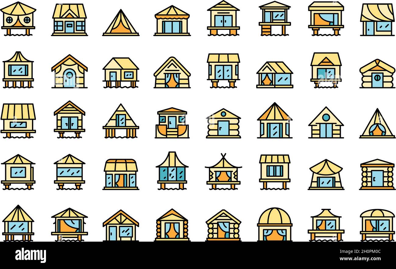 Bungalow icons set outline vector. African cabin. Beach cottage Stock ...