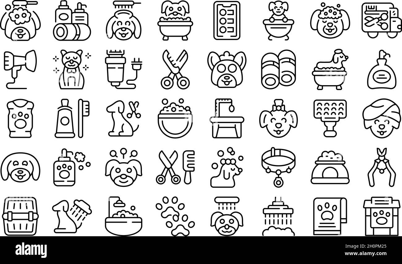 Dogs spa icons set outline vector. Shower grooming. Animal spa Stock Vector