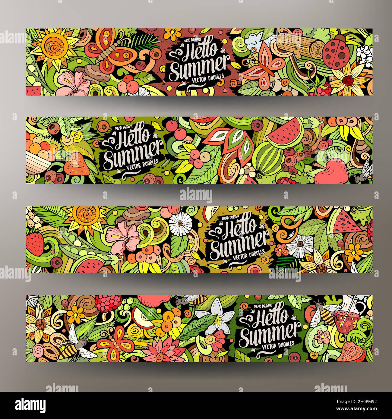 Cartoon cute doodles Summer Nature horizontal banners set Stock Vector ...