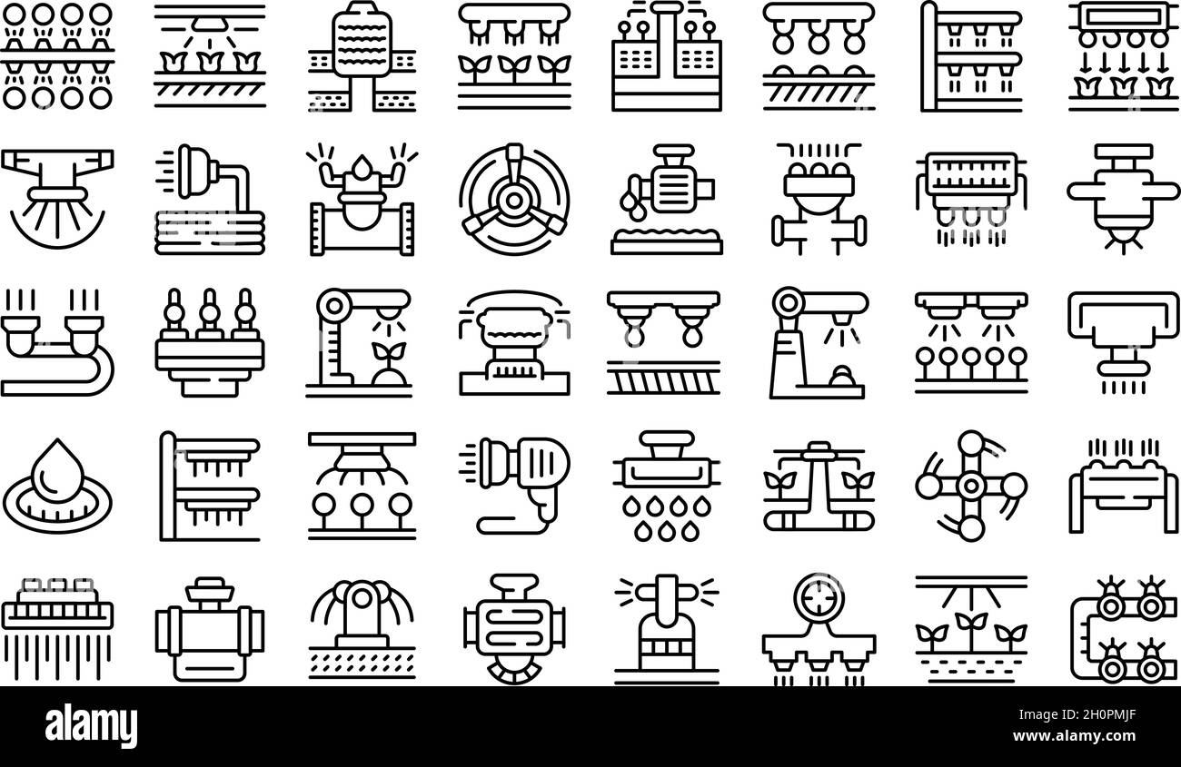 Irrigation system icons set outline vector. Agriculture farming. Smart system Stock Vector