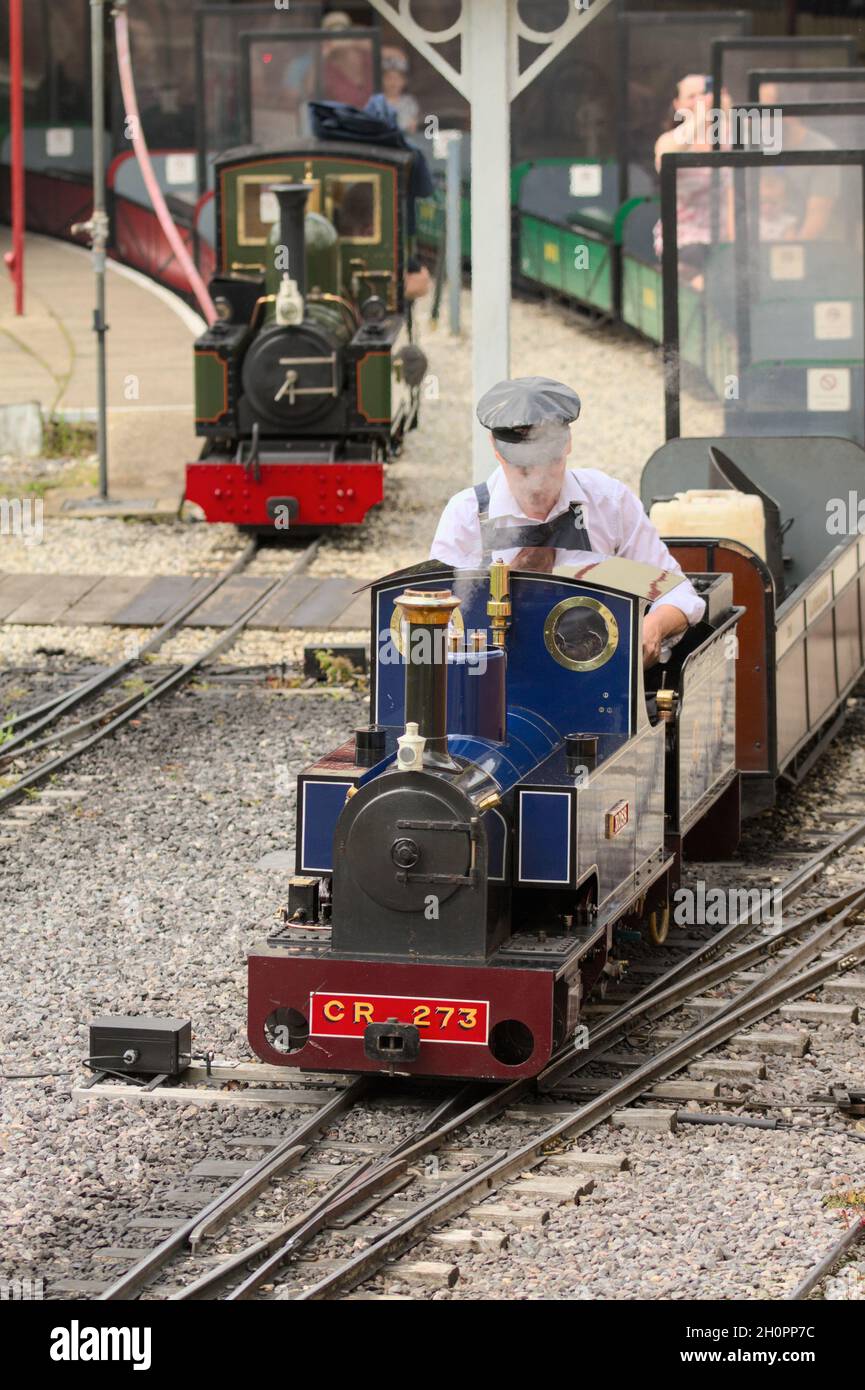 Two Miniature Narrow Gauge Railway Steam Engines With Drivers Leaving A ...